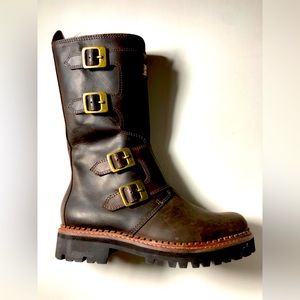 New w Tags - Hunter Brown Leather Combat Boots with Goldtone Buckles